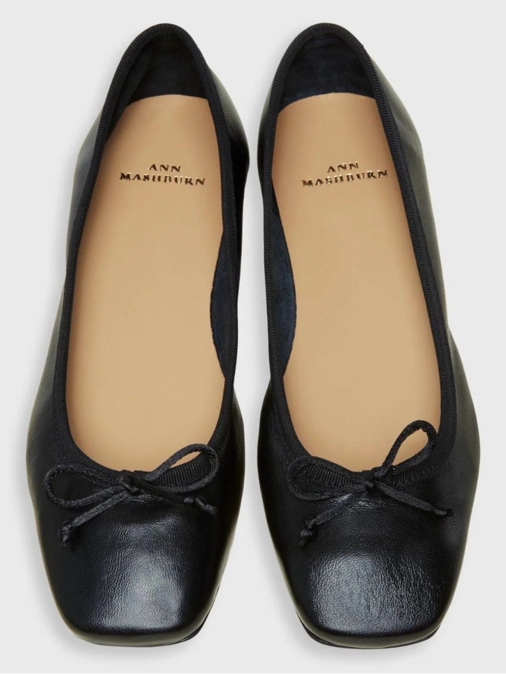 Like New $290 ANN MASHBURN Black Leather Square-Toe Ballet Flats with Bow